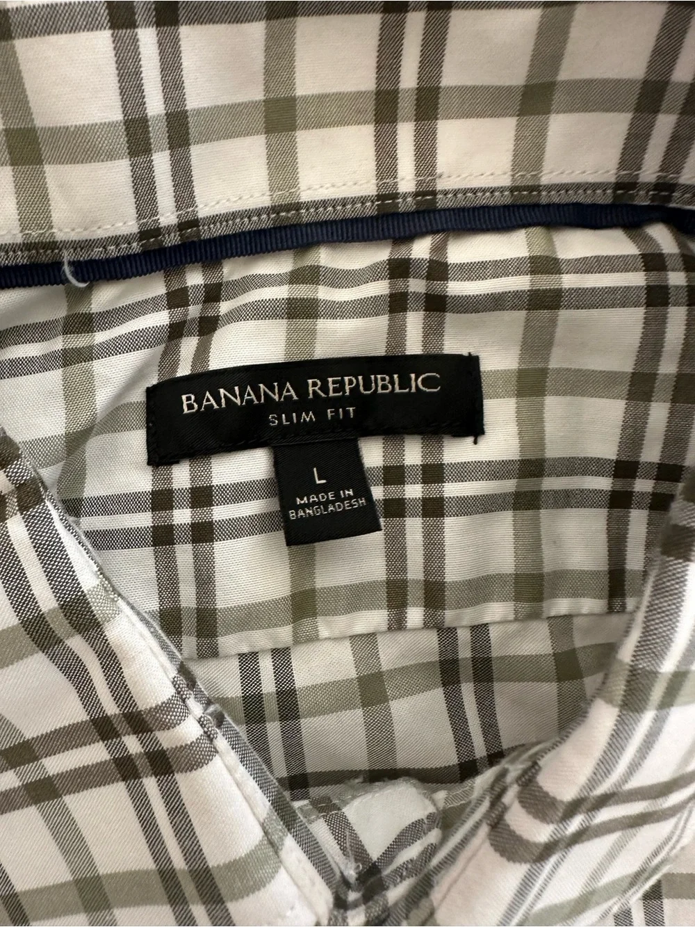 Banana Republic Men's Plaid Dress Shirt - White and Olive Green